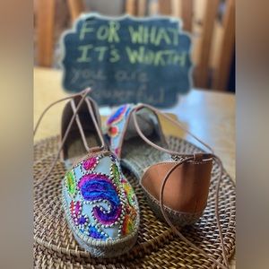 Gaimo Paisley Embroidered Leather Tie Ankle Espadrilles Shoes 37